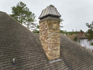 Residential Roofing Project After | Estate Grey Architectural Asphalt Shingles | Brick Chimney Details | Drone Image