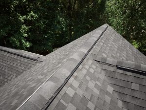Image from atop a residential roof with granite black aphalt shingles. Green grass and trees in background.