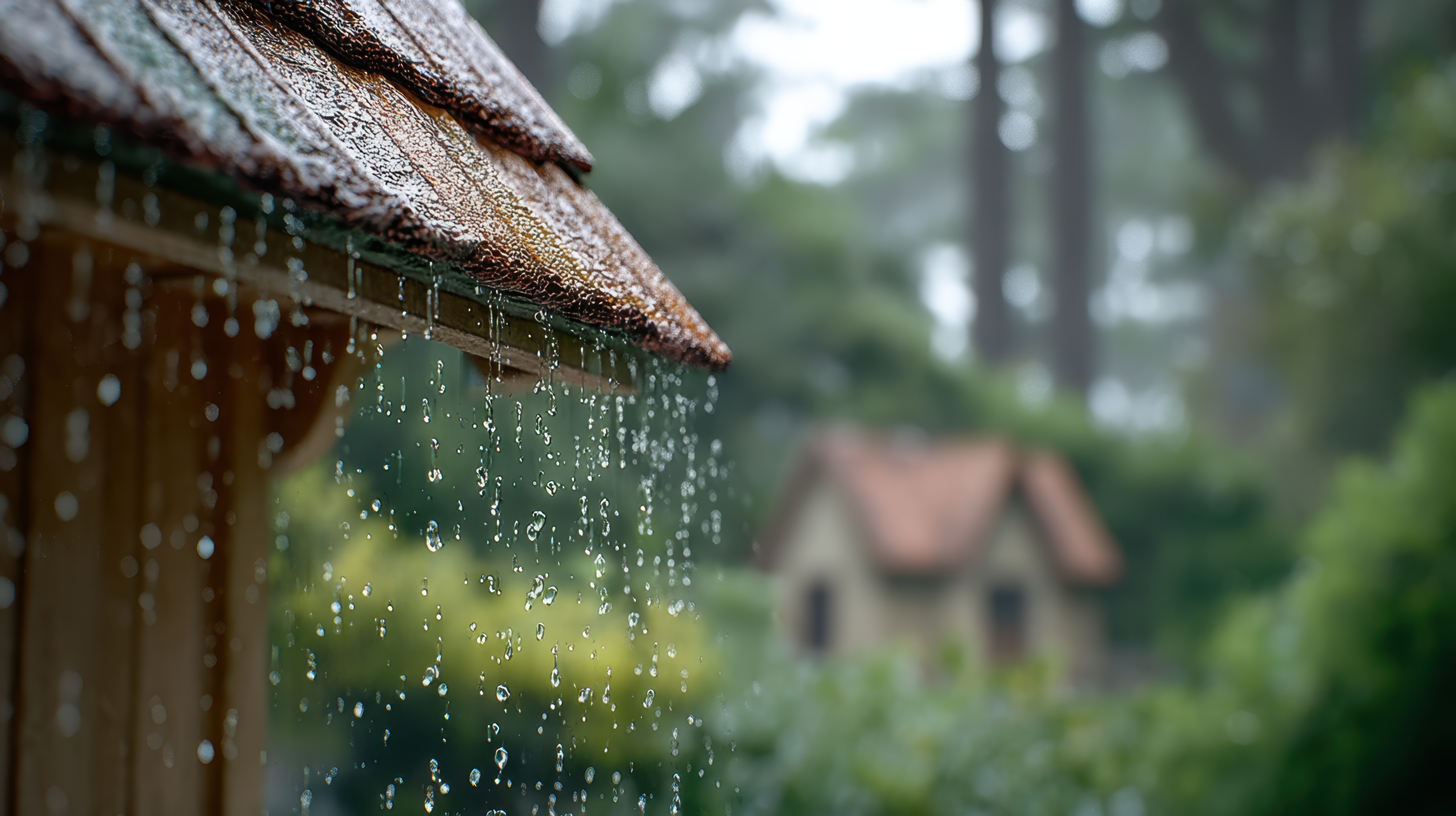 Rainwater running off a residential roof during a spring storm, highlighting the importance of roof maintenance.
